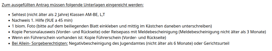 Unterlagen zum Antrag auf Erteilung einer Fahrerlaubnis