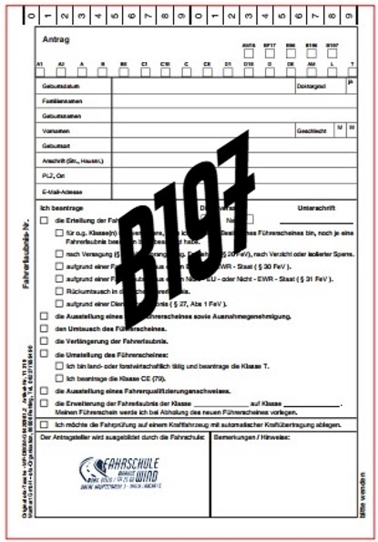 Antragstasche(mit Stempel) auf Erteilung einer Fahrerlaubnis B197